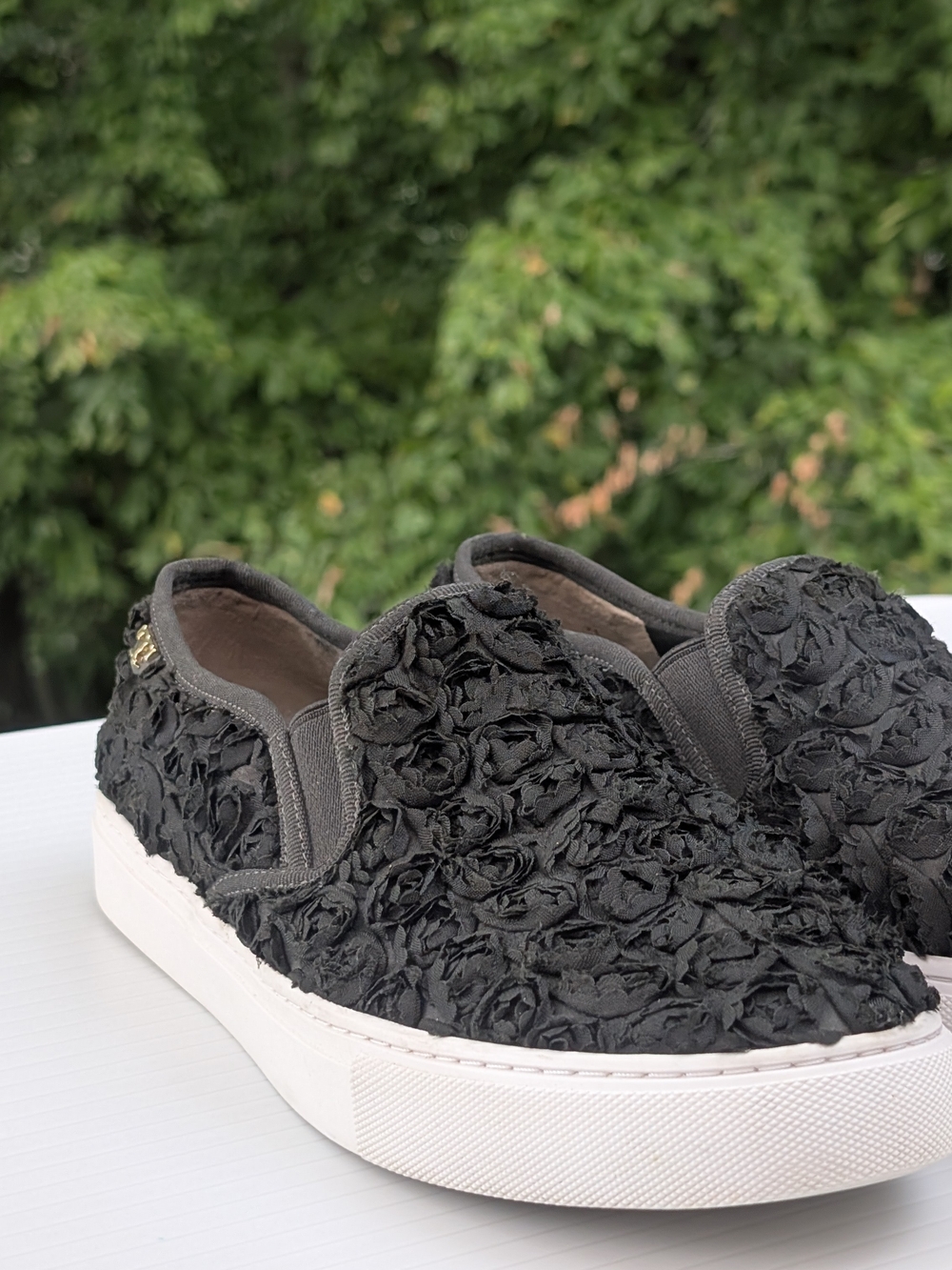 Tory Burch Black Floral Appliqué Slip-On Sneakers with White Sole